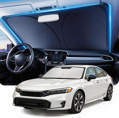 DMJN Front Windshield Sun Shade for Honda Civic (2022-2026), [Nano Ice-Crystal Coatings] UPF50+ Heat & UV Block, Protect Car Interior & Keep Cool, Flodable Steel-Ring Car Cover for Summer