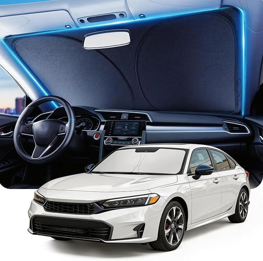 DMJN Front Windshield Sun Shade for Honda Civic (2022-2026), [Nano Ice-Crystal Coatings] UPF50+ Heat & UV Block, Protect Car Interior & Keep Cool, Flodable Steel-Ring Car Cover for Summer