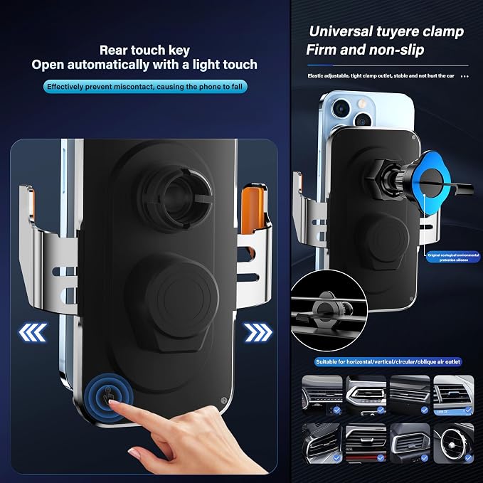 Car Phone Holder Charger Wireless Cell Phone Car Mount - 15W Fast Charging Auto-Clamping Air Vent Car Phone Mount Charger for iPhone 16 Pro Max 16 15 14 13 12 Pro and Sumsung Galaxy Series