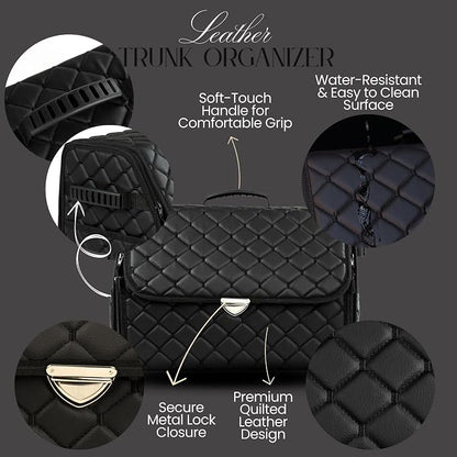 Leather Trunk Organizer with Lid for Suv and more, Foldable Car Organizer, Car Organizers and Storage with Pockets, Non-Slip Design (Black-Black)