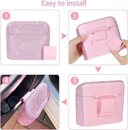 Accmor Bling Car Trash Can with Lid, Leak-Proof Mini Vehicle Trash Bin Automotive Dustbin Organizer Storage, Sparkling Crystal Trash Bag Container with 30pcs Garbage Bags for Car, Home, Office (Pink)