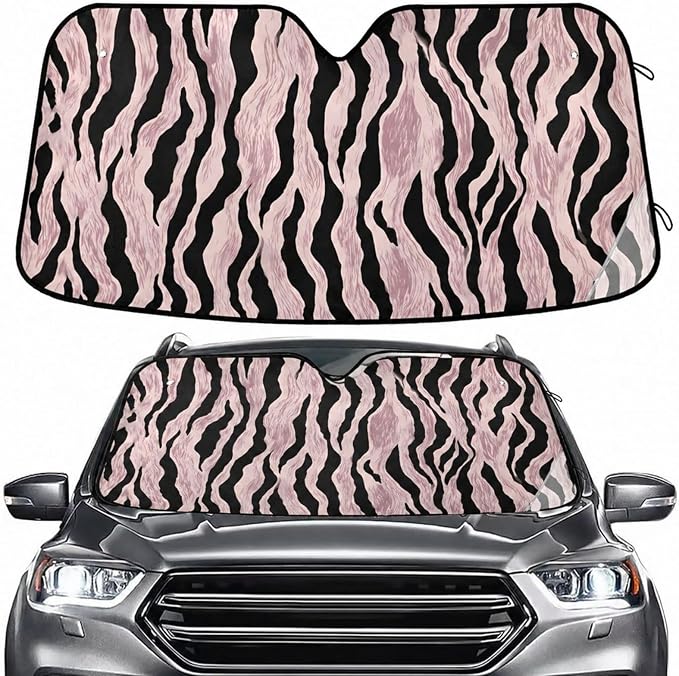 Windshield Sun Shade Rose Gold Black Zebra Print Front Window Block UV Shades Visor Reflective Retractable for Car SUV Trucks