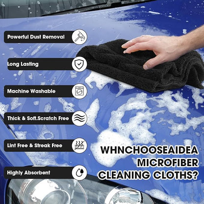 Shimeyao 30 Pcs 16 x 16 Inch Edgeless Microfiber Plush Towels for Cars Detailing Drying Wash Polishing Absorbent Cleaning Cloths, 500 GSM (Black)