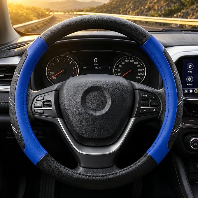 Black and Blue Line Punching Car Steering Wheel Cover, Microfiber Leather Sports, 14.5-15 in Universal Leather Wheel Covers, Breathable Fashion Anti-Slip, Steering Wheels Accessories for Men Women