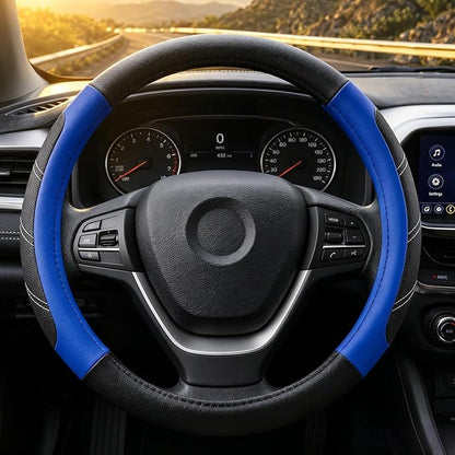 Black and Blue Line Punching Car Steering Wheel Cover, Microfiber Leather Sports, 14.5-15 in Universal Leather Wheel Covers, Breathable Fashion Anti-Slip, Steering Wheels Accessories for Men Women