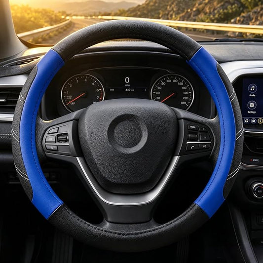 Black and Blue Line Punching Car Steering Wheel Cover, Microfiber Leather Sports, 14.5-15 in Universal Leather Wheel Covers, Breathable Fashion Anti-Slip, Steering Wheels Accessories for Men Women