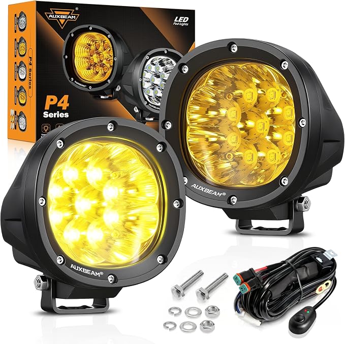 Auxbeam 4 Inch 90W Amber LED Fog Lights, 9000LM Super Bright Round Offroad Driving Pods, P4 Series Spot Beam Bumper Ditch Lights for Trucks, SUVs, Jeep Wrangler, ATV/UTV, Motorcycle, 2-Pack