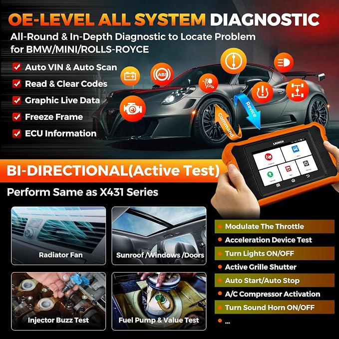 Launch Creader Elite V2.0 for BMW OBD2 Scanner, 2025 Full Systems Bi-Directional Scan Tool, All Reset Services, ECU Code, Battery Registration Tool for BMW Mini RR, Lifetime Free Update, Auto VIN