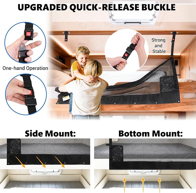 59" x 18" Campers & RV & Bunk Bed Safety Net with Quick Release Seat Belt Buckles,Adjustable Bunk Bed Netting for Family Travel, Motorhome, Trailer, Fifth Wheels RV Bedding Accessories Mesh Barrier