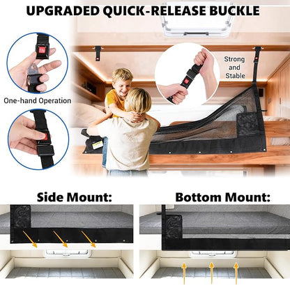 59" x 18" Campers & RV & Bunk Bed Safety Net with Quick Release Seat Belt Buckles,Adjustable Bunk Bed Netting for Family Travel, Motorhome, Trailer, Fifth Wheels RV Bedding Accessories Mesh Barrier