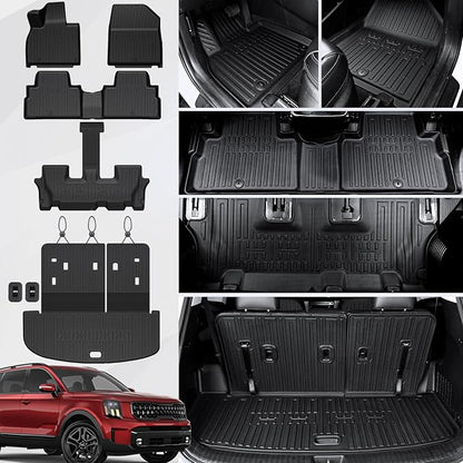 Floor Mats Cargo Mat with Backrest Mats for 2020-2025 Kia Telluride 7/8 Passenger Car Mats Accessories, All Weather TPE Protectors Cargo Liner Seat Back Covers(Floor Mats+2-in-1 Cargo Mat)