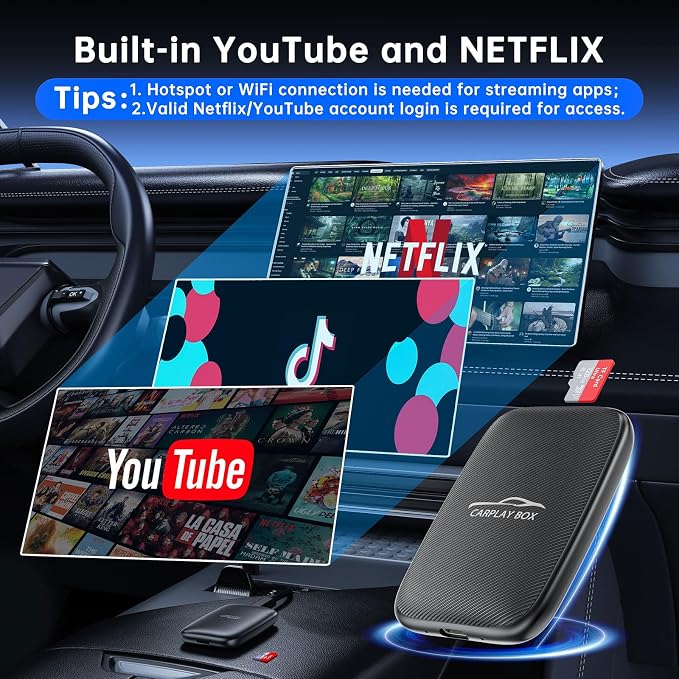 6-in-1 Magic Video Box for Netflix/YouTube, Wireless CarPlay Adapter & Android Auto Wireless Adapter Convert Wired to Wireles Carplay Dongle for OEM Wired CarPlay Cars, TF Card Playback, Plug & Play
