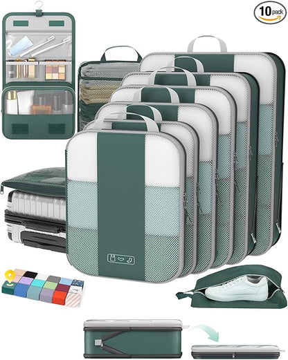 OlarHike 10-Pack Compression Packing Cubes for Travel Essentials,Compressible Expandable Packing Cubes for Suitcase,Luggage Garment Bags for Travel,Handy Helper for Organizing Clothes(Dark Green)