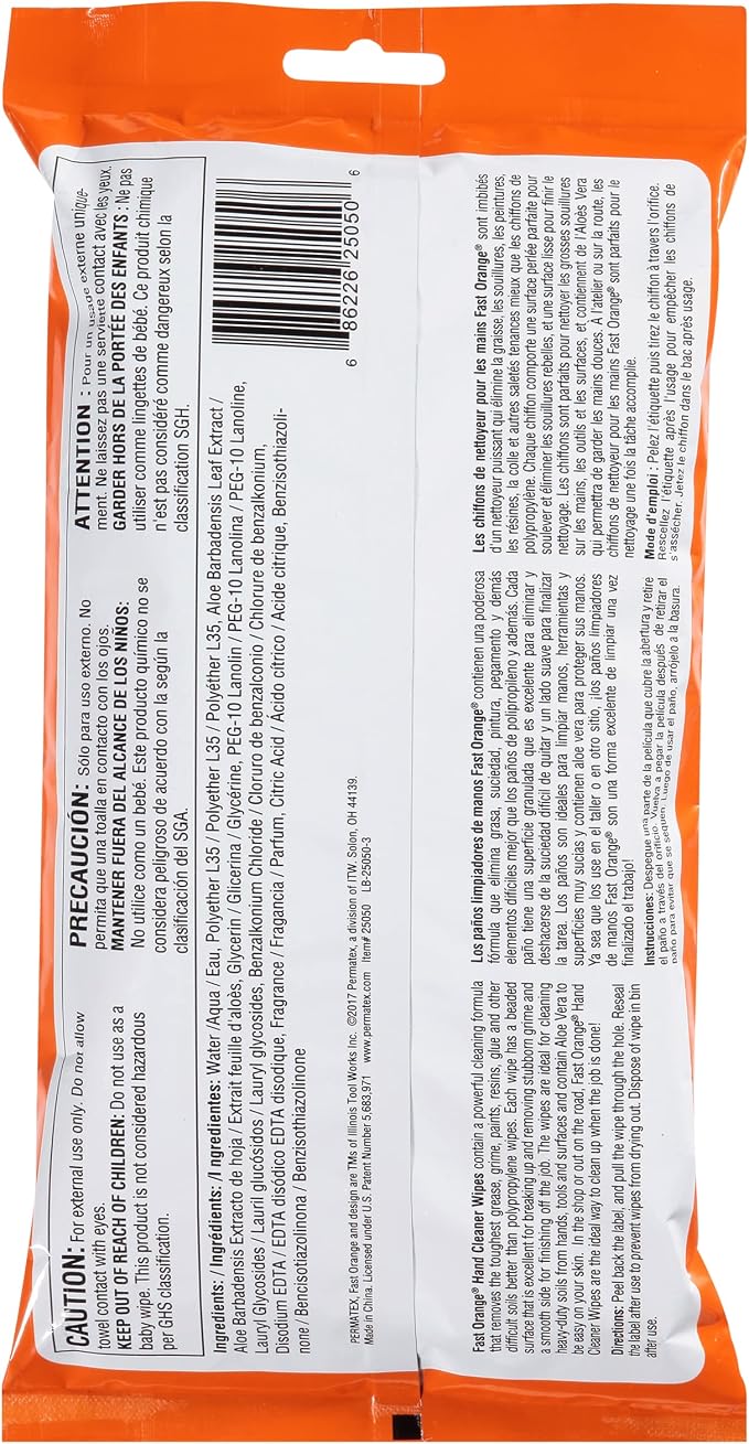 Fast Orange 25050 Hand Cleaner Wipes, Mechanic Wipes For Auto Shop, Heavy Duty Wipes, Removes Grease, Oil, Exhaust Fumes From Hands And Skin, 25 Count (Pack of 2)