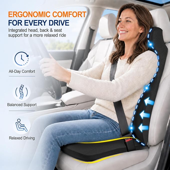 2 Piece Car Seat Cushion Set: 3-in-1 Memory Foam Driver Seat Cushion, Integrated Lumbar Support with Headrest Pillow for Pain Relief, Back Support with Neck Pillow for Car, Truck, SUV - Black