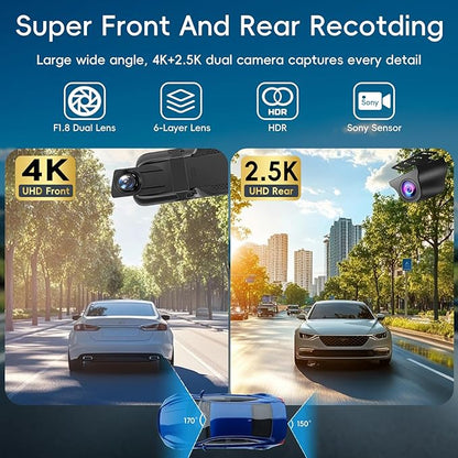 Mirror Dual Dash Camera for Car, Dashcam 4K Front 2.5K IMX335 Rear View/ADAS BSD LCA Wi-Fi&APP WDR Night Vision G-Sensor Loop Recording Parking Monitor 64GB Card