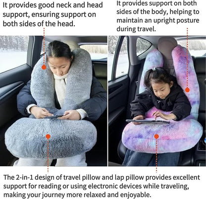 FHSGGP Travel Pillow Car Travel Sleep Support Pillow 2-in-1 Lap Pillow and Car Pillow with Neck and Body Support for Adults and Kids on Long Trips Kids Travel Pillow Pink