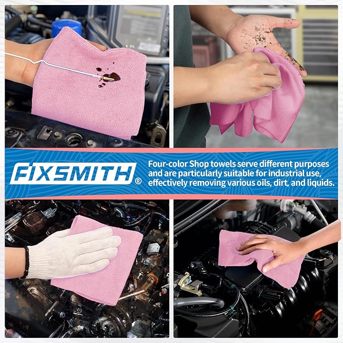 FIXSMITH Microfiber Cleaning Cloth, Shop Towels Bulk, 24 Pack Pink Microfiber Towels for Cars, All-Purpose Absorbent Cleaning Rags, Dust Cloth for Automotive, Mechanic, Garage, Bar, 12 x 11 inch