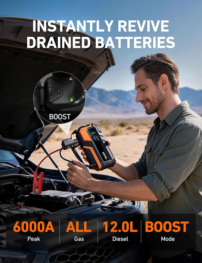 AstroAI M10 6000A 150PSI Car Jump Starter with Air Compressor - 12V Portable Battery Booster (All Gas/12.0L Diesel), Smart Tire Inflator, Heavy-Duty Jumper Cables, Power Bank, LED Light, Storage Case