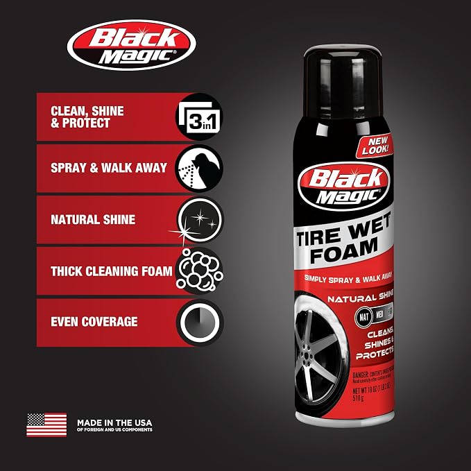 Black Magic 120269 Tire Wet Foam - Specially Formulated Thick Tire Spray Foam Clings to Tires to Dissolve & Clean Dirt while Shining & Protecting, 18 Fl. Oz. (Pack of 2)