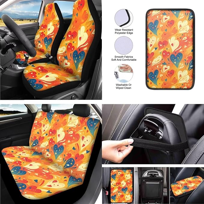 Colorful Heart Auto Seat Protector Cover 13 Set, Gradient Fluid Art Cup Holder Seat Belt Pads, Valentine's Day Lover Heart Keychain for Men Women Auto Truck Van SUV