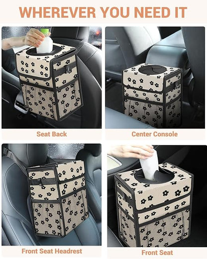 Capolo Car Trash Can with Lid, Leakproof Car Trash Bag Hanging Waterproof Automotive Garbage Can with Storage Pockets Mini Vehicle Trash Bin for Back/Front Seat(Black Flower,3 Gallon)