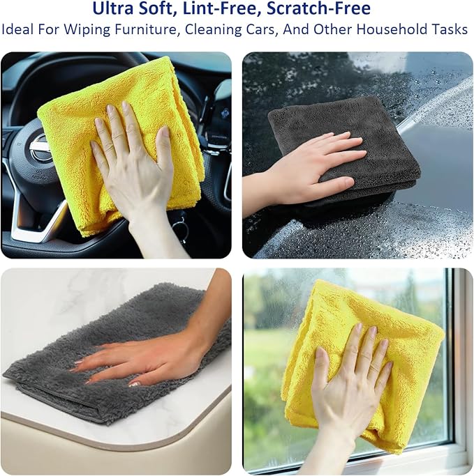 Microfiber Cleaning Cloths (14" x 14") with Double-Sided Coral Fleece, Ultra Absorbent, Lint-Free, Streak-Free, Reusable, Ideal for Car, Kitchen, Window, and Household Cleaning (Pack of 4)