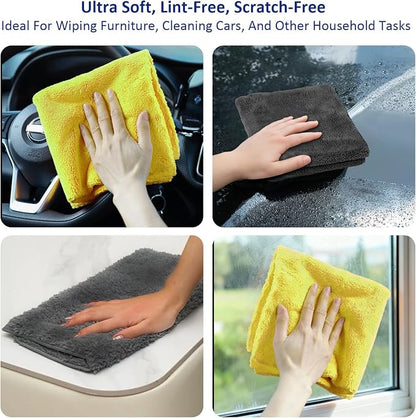 Microfiber Cleaning Cloths (14" x 14") with Double-Sided Coral Fleece, Ultra Absorbent, Lint-Free, Streak-Free, Reusable, Ideal for Car, Kitchen, Window, and Household Cleaning (Pack of 4)