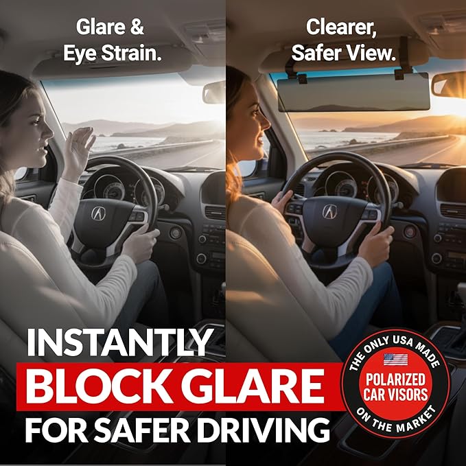 Glare Guard Professional-Grade Polarized Sun Visor Extender – Anti-Glare Sun Glare Blocker for Car Windshields, Adjustable Clip-On UV400 Tinted Visor Extension for Cars, Trucks & SUVs