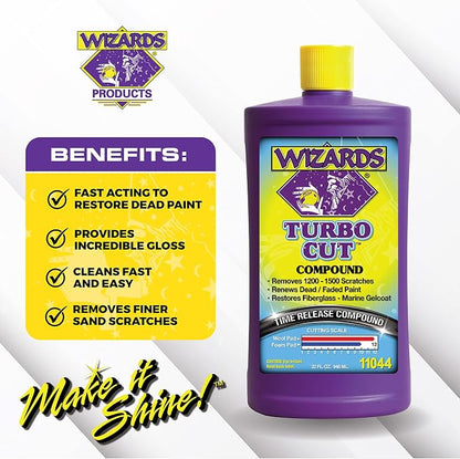 Wizards Turbo Cut Buffing Compound for Car Scratch Repair - 32 fl oz - Removes 1200-1500 Scratches - Rubbing Compound for Cars & Boats - Paint Restorer for Vehicles