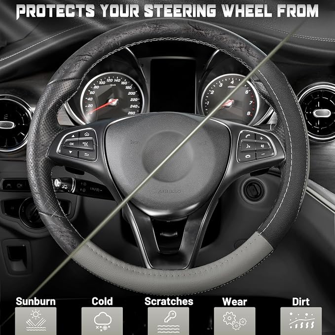 SEG Direct Black and Gray Microfiber Auto Car Steering Wheel Cover Universal 15 inch