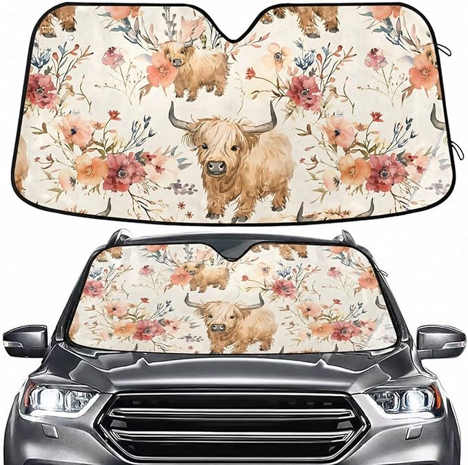 Cute Highland Cows Flowers Windshield Sun Shade for Car Auto SUV Truck Foldable Front Window Sunshade Sun Visor Protector Block UV Rays Reflect Heat, 55" x 28"
