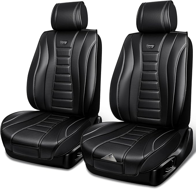 CAR PASS Nappa Leather Seat Covers 2, Waterproof Universal FIT Piping Leather Car seat Covers Front Seats, 3D Foam Front Seat Cover for Cars,SUV,Trucks Airbag Compatible Luxury&Comfort&Durable Black