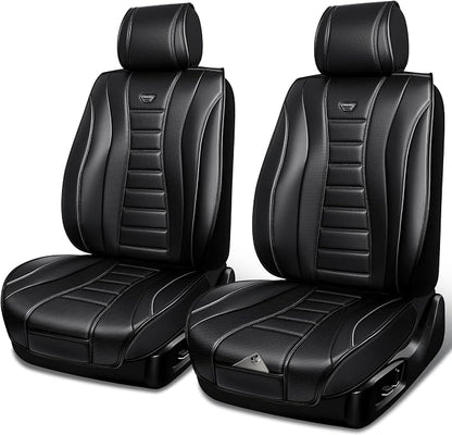 CAR PASS Nappa Leather Seat Covers 2, Waterproof Universal FIT Piping Leather Car seat Covers Front Seats, 3D Foam Front Seat Cover for Cars,SUV,Trucks Airbag Compatible Luxury&Comfort&Durable Black