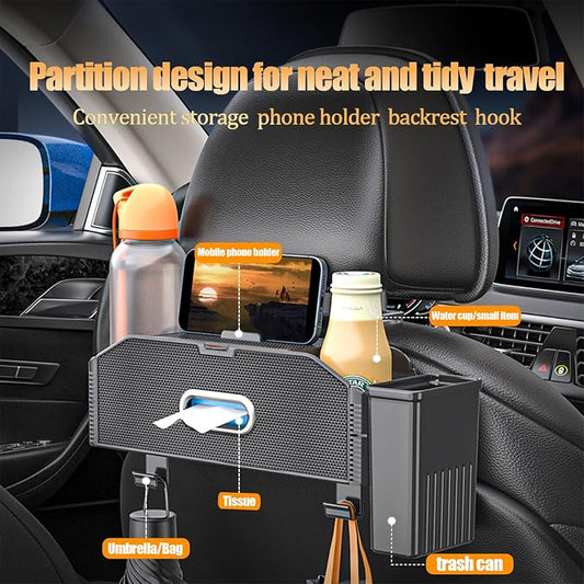 Back Seat Car Organizer,4 in 1 Multifunctional Car Back Seat Storage Box with Trash Can Drink Cup Holder Tissue Box, for Hold Phone,Snacks, Drinks, Handbag-Grid