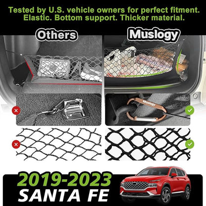 Muslogy Envelope Style Trunk Cargo Net Compatible with 2023 2022 2021 2020 2019 Hyundai Santa Fe Accessories Custom Fit Trunk Organizer Upgraded Storage Luggage Net with Metal Hooks