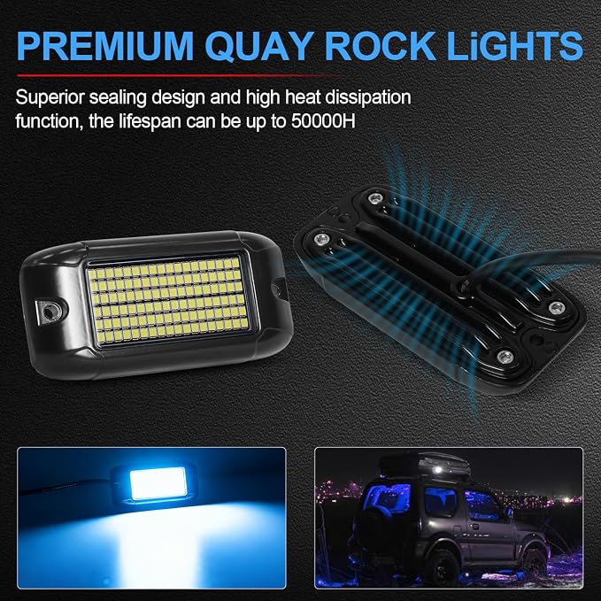 Nicoko 108 High-Power LEDs per Pod 4Pods Pure Blue Rock Lights Ultra-Bright Offroad Underglow Kit Advanced Heat Dissipation IP68 Waterproof for Truck, SUV, UTV, ATV, RZR