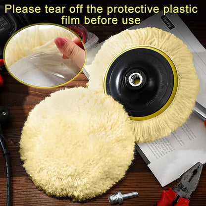 Tallew 6 Pcs 5 Inch Wool Buffing Polishing Pads Hook Loop Cutting Pads with Backing Plate for Car, Boat, Wood, Marble Surface Polishing & Scratch Removal (Original Color)
