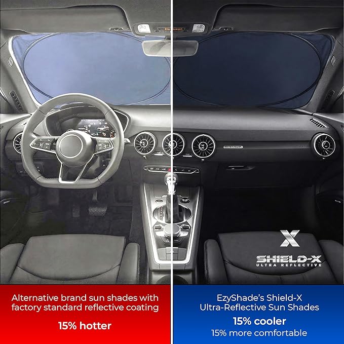 EzyShade Windshield Sun Shade with Shield-X Reflective Technology. See Vehicle Size-Chart. Foldable 1-Piece Car Sunshade for Front Windshield Window SUV Van Truck. Sun Visor Heat Shield. X-Large Size