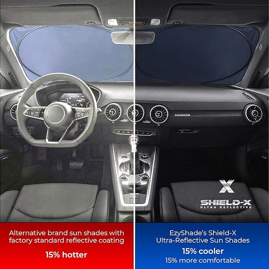 EzyShade Windshield Sun Shade with Shield-X Reflective Technology. See Vehicle Size-Chart. Foldable 1-Piece Car Sunshade for Front Windshield Window SUV Van Truck. Sun Visor Heat Shield. X-Large Size