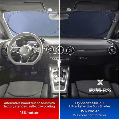 EzyShade Windshield Sun Shade with Shield-X Reflective Technology. See Vehicle Size-Chart. Foldable 1-Piece Car Sunshade for Front Windshield Window Car SUV. Sun Visor Heat Shield. Small (S) Size