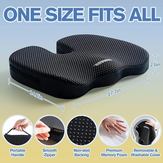 Mureon Office Chair Cushion - Large Memory Foam Ergonomic Chair Cushion for Back & Hip Pressure Relief - Non-Slip Seat Cushion for Car, Desk Chair & Tailbone Pain - Soft Support - Black