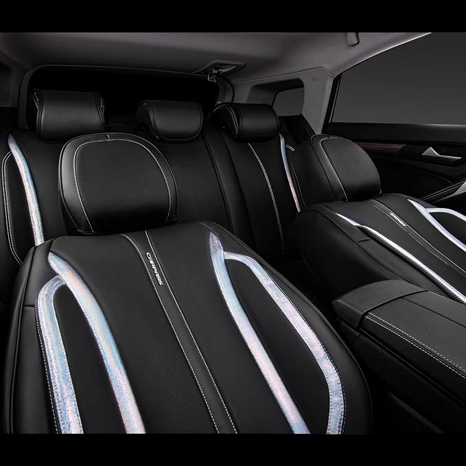 CAR PASS Nappa Leather Holographic Laser Car Seat Covers Front Seats Only Cushioned, Waterproof Waist Protector Universal fit for SUV Truck Pickup Luxury Stylish Elegant for Women Black Silver Strips