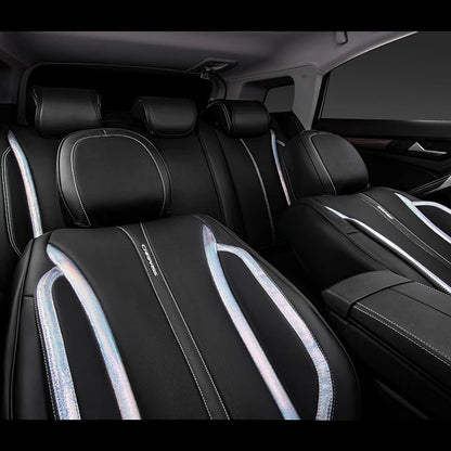 CAR PASS Nappa Leather Holographic Laser Car Seat Covers Front Seats Only Cushioned, Waterproof Waist Protector Universal fit for SUV Truck Pickup Luxury Stylish Elegant for Women Black Silver Strips