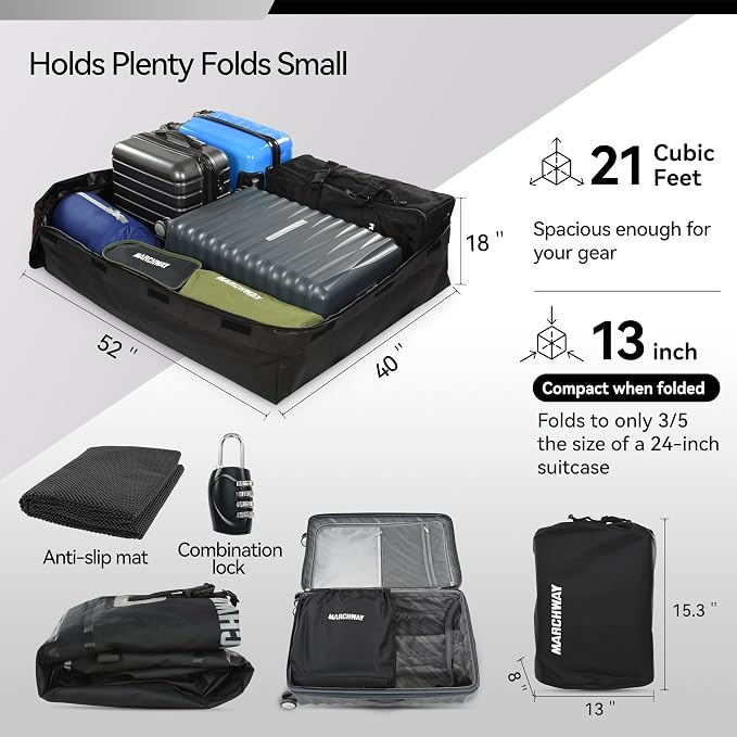 MARCHWAY Waterproof Car Roof Luggage Bag, Weatherproof Soft Shell Rooftop Cargo Carrier Bag for Vehicles with or Without Rack. 6 Door Hooks, Anti Slip Mat, Lock Included (21 Cubic Feet, Black)