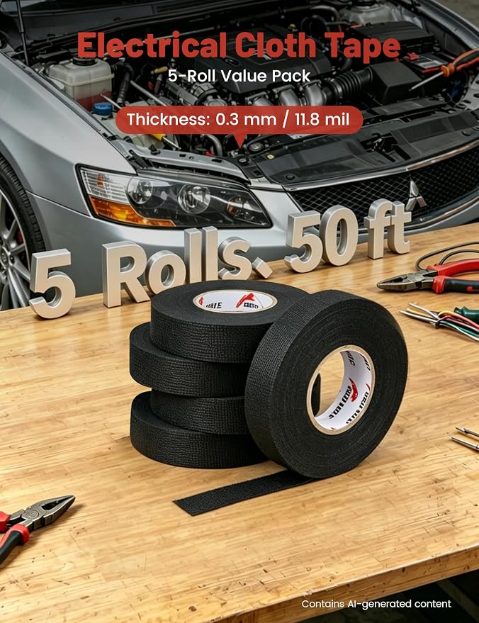 RED WOLF Wiring Harness Tape High Temp Wire Cable Loom Self-Adhesive Fabric Tape for Electrical Automotive Engine Harness Wrap Protection Noise Damping Cables Fixed 3/4 Inch x 50 FT 5 Rolls
