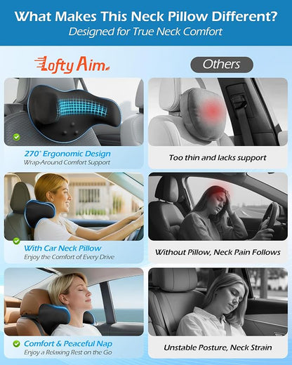 Lofty Aim Car Neck Pillow: 2 Pack Ergonomic Memory Foam Headrest Pillow for Driving, Adjustable Neck Support Cushion for Pain Relief, Head Rest Pillows for Car Seat, Truck - Black
