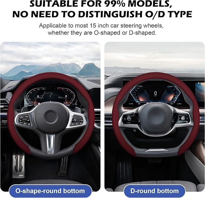 Frani Nappa Leather Steering Wheel Cover,Universal Fit 15 Inch-Premium Non-Slip Breathable Comfort Grip for Cars Trucks SUVs,Anti-Slip Durable Interior Upgrade Wine Red