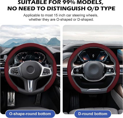 Frani Nappa Leather Steering Wheel Cover,Universal Fit 15 Inch-Premium Non-Slip Breathable Comfort Grip for Cars Trucks SUVs,Anti-Slip Durable Interior Upgrade Wine Red