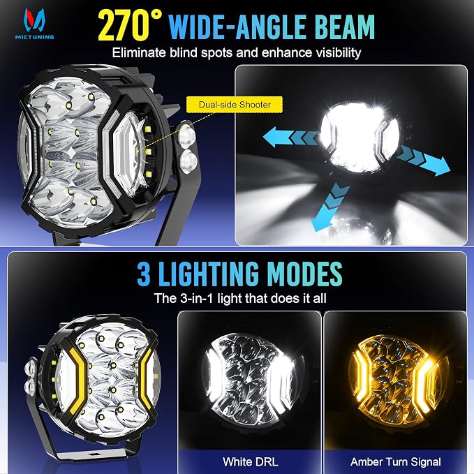 MICTUNING 5" Side Shooter Light Bar, 5Inch 180W Round Offroad Lights LED Pods 24163LM, Amber DRL & Spotlight Dual Color 270° Wider Off Road Lighting with Protective Covers, Pair